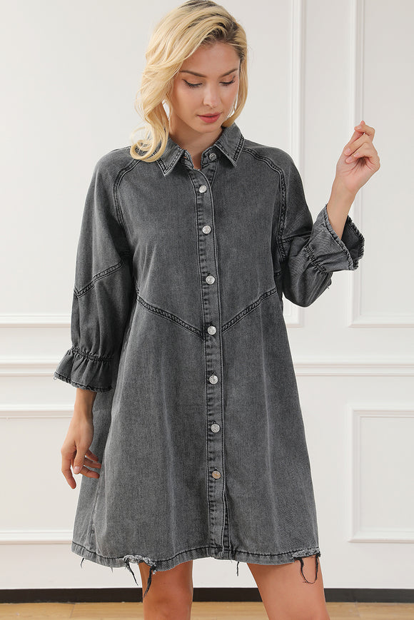 Grey Indigo Charm Button-Up Long Sleeve Denim Mini Dress