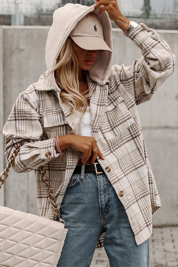 Beige Plaid Hooded Button-Up Shacket