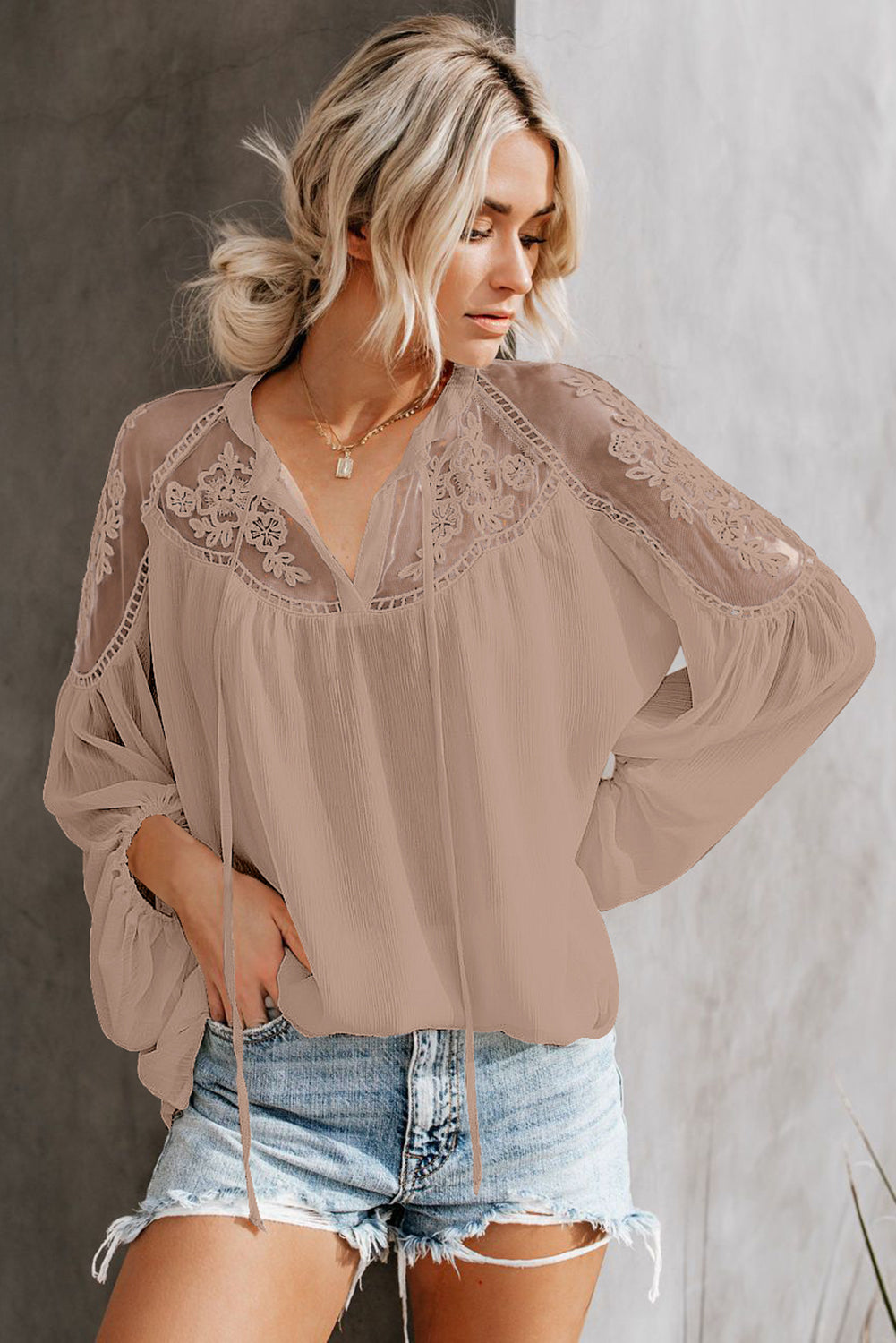 Pink Lace Shoulder Long Sleeve Blouse – Mystique-Online