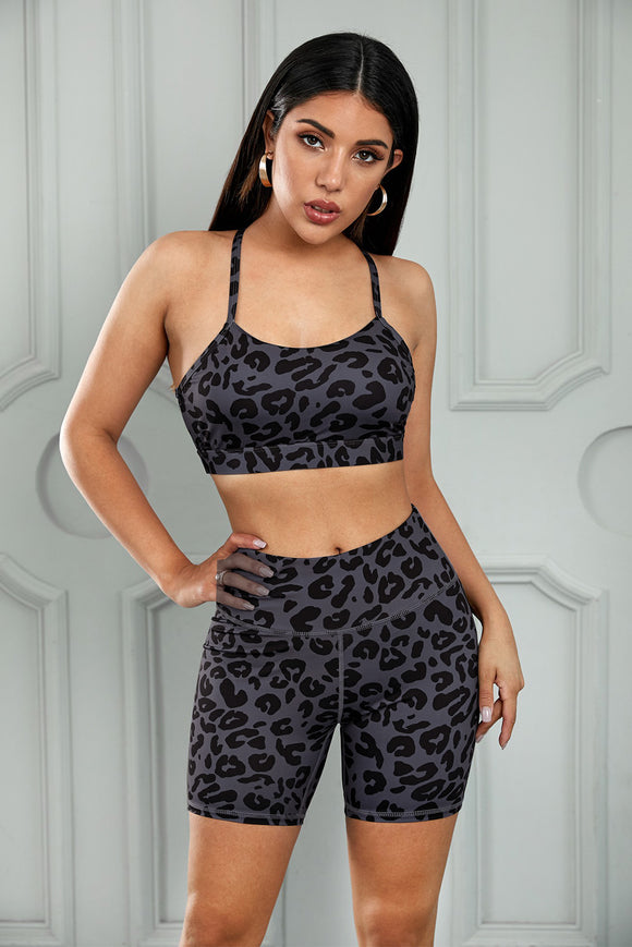 Charcoal High Waisted Short Leggings and Bra in Wild Leopard Print - Mystique-Online