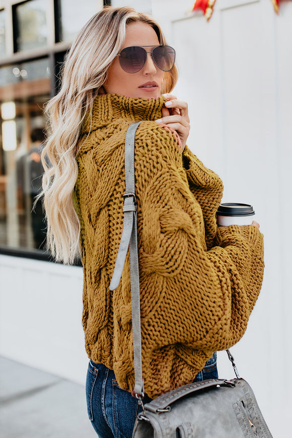 Yellow/Gold Cable Knit Turtleneck Sweater - Mystique-Online