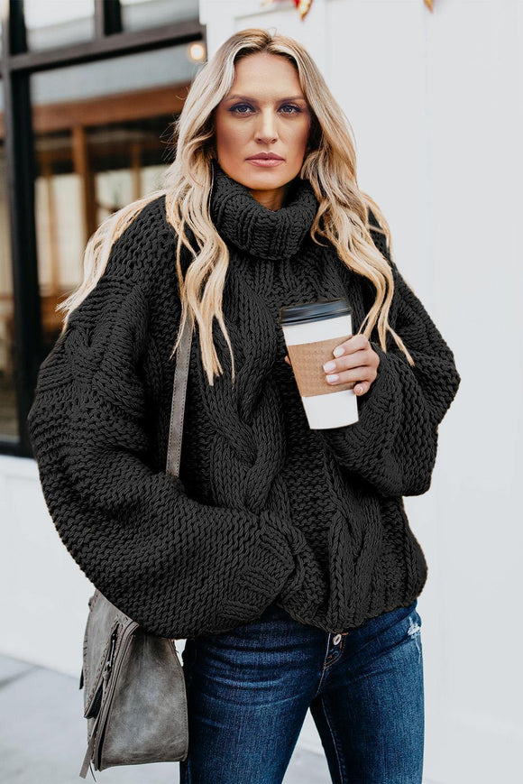 Black Cable Knit Turtleneck Sweater - Mystique-Online