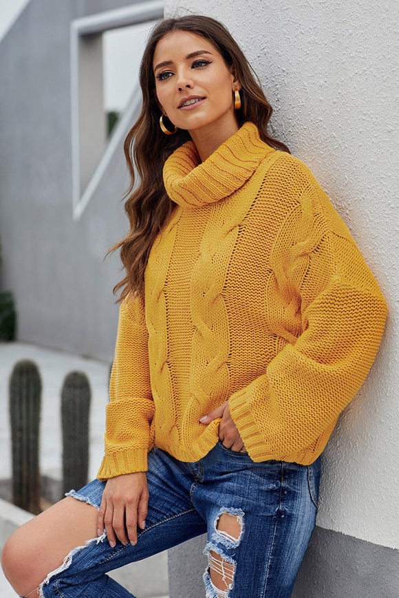 Light Yellow Cable Knit Turtleneck Sweater - Mystique-Online
