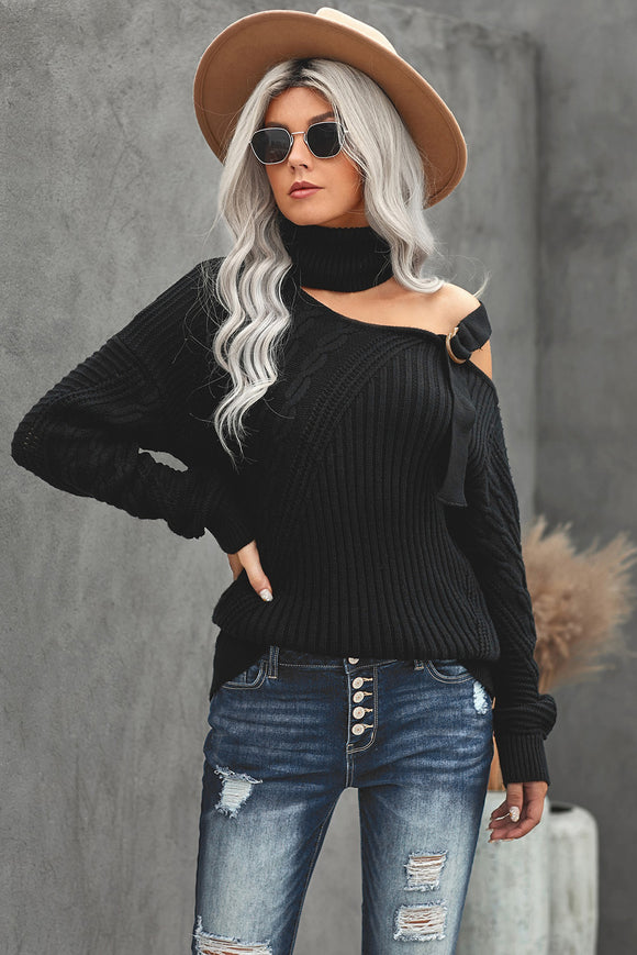 Black Strapped Turtleneck Sweater - Mystique-Online