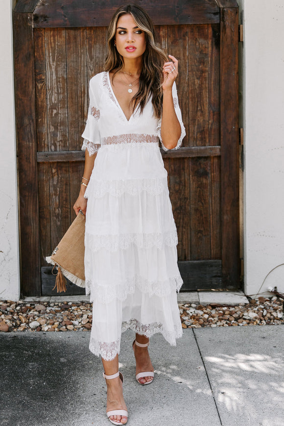 Layered Lace Up White Maxi Dress - Mystique-Online