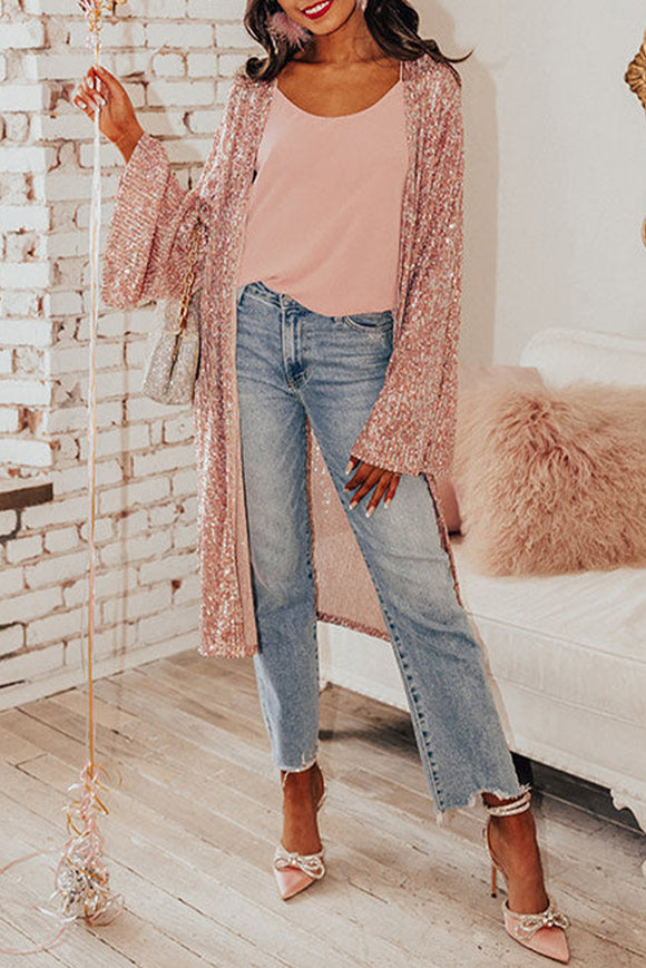 Pink Glam Sequin Wide Sleeve Front open Kimono