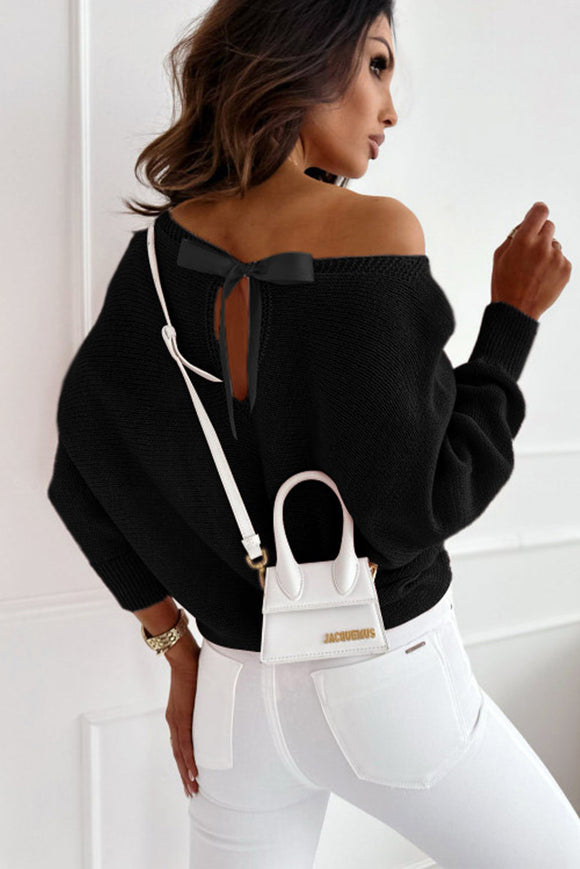 Black Bow Chic Sweater with Batwing Sleeves