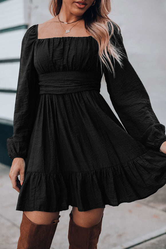 Black Charm Ruched Puff Sleeve Mini Dress