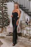 Sparkling Bandeau Knot-Front Sequin Wide-Leg Jumpsuit