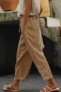 Khaki Cotton Amy 3/4 Pants with lace detail