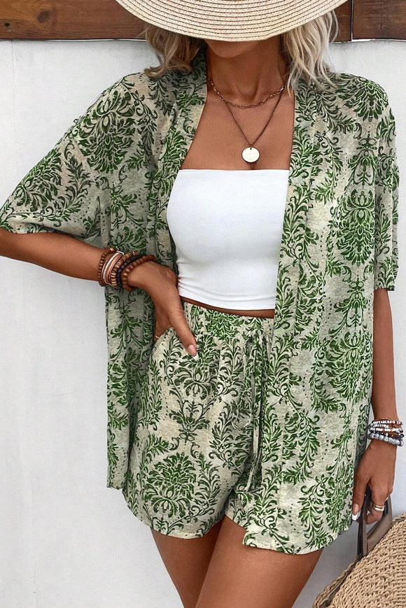 Retro Floral Tie-Front Blouse and Shorts Set