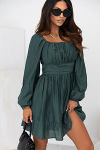 Emerald Charm Ruched Puff Sleeve Mini Dress