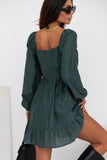 Emerald Charm Ruched Puff Sleeve Mini Dress