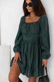 Emerald Charm Ruched Puff Sleeve Mini Dress