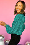 Emerald Elegance Pleated Long Sleeve Blouse