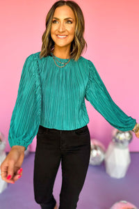 Emerald Elegance Pleated Long Sleeve Blouse