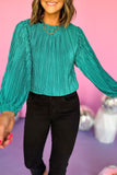 Emerald Elegance Pleated Long Sleeve Blouse