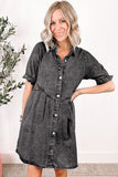 GREY INDIGO CHARM BUTTON-UP SHORT SLEEVE DENIM MINI DRESS