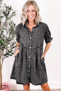 GREY INDIGO CHARM BUTTON-UP SHORT SLEEVE DENIM MINI DRESS