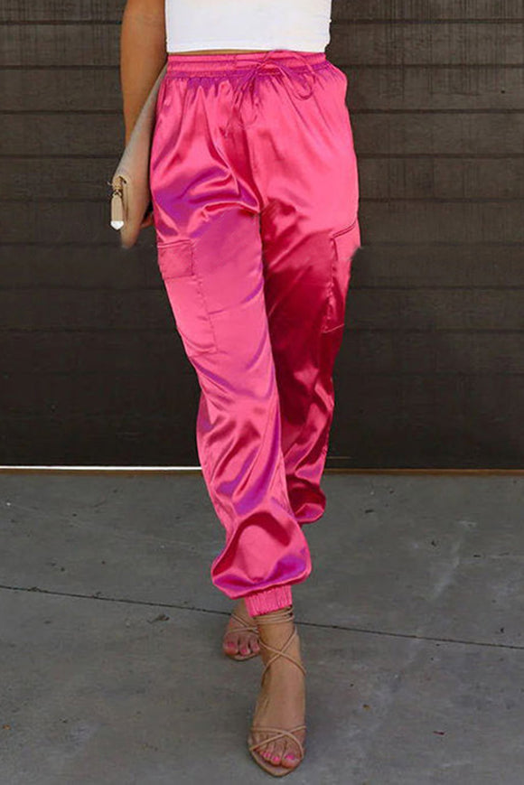 Pink High Waist Satin Pants with Side Pockets