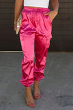 Pink High Waist Satin Pants with Side Pockets