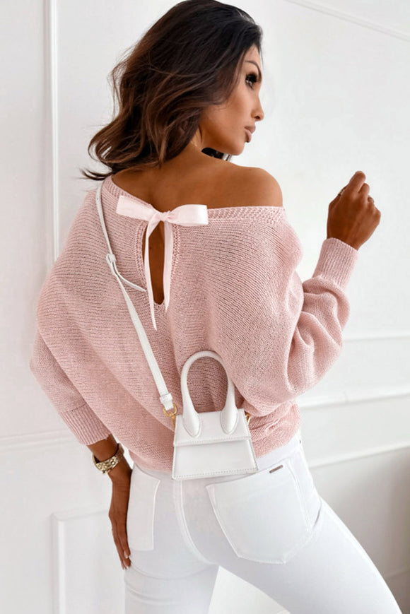 Pink Bow Chic Sweater with Batwing Sleeves
