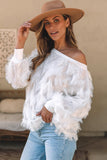 White Fringed Boat Collar Sweater