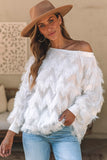 White Fringed Boat Collar Sweater