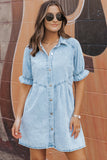 LIGHT BLUE INDIGO CHARM BUTTON-UP SHORT SLEEVE DENIM MINI DRESS