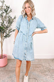 LIGHT BLUE INDIGO CHARM BUTTON-UP SHORT SLEEVE DENIM MINI DRESS