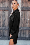 Black Sequin Pocketed long Sleeve Button down Shirt Dress