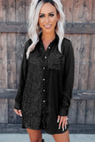 Black Sequin Pocketed long Sleeve Button down Shirt Dress