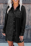 Black Sequin Pocketed long Sleeve Button down Shirt Dress