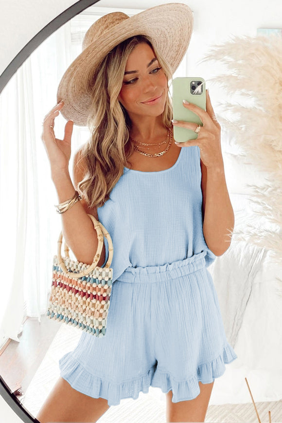 Sky Blue Two Piece Tank Top and Ruffled Shorts