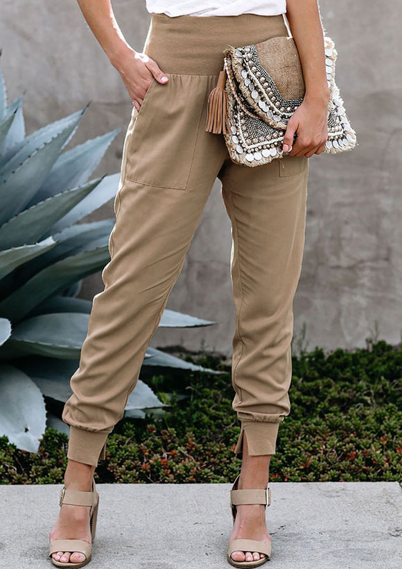 Cotton Pocketed Joggers High Waist Khaki - Mystique-Online