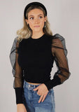 Crop Top Chiffon Puff Long Sleeve Top Black - Mystique-Online