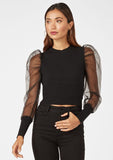 Crop Top Chiffon Puff Long Sleeve Top Black - Mystique-Online