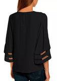 Flare Sleeve Lace Trim Black Blouse - Mystique-Online