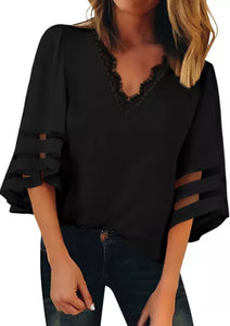 Flare Sleeve Lace Trim Black Blouse - Mystique-Online