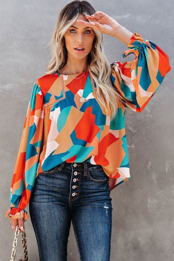 Multicolour Loose Fit Abstract Long Puff Sleeve Blouse