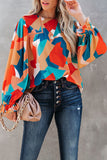 Multicolour Loose Fit Abstract Long Puff Sleeve Blouse