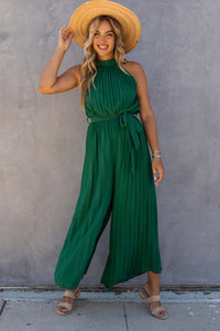 Green Sleeveless Halter Neck Pleated Jumpsuit