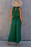 Green Sleeveless Halter Neck Pleated Jumpsuit