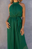 Green Sleeveless Halter Neck Pleated Jumpsuit