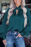 Green Princess Twist Neck Satin Puff Sleeve Blouse