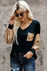 Black V Neck Knit Top with Gold Sequins