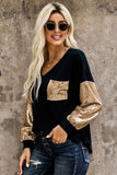 Black V Neck Knit Top with Gold Sequins