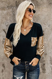 Black V Neck Knit Top with Gold Sequins