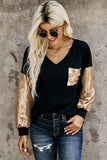 Black V Neck Knit Top with Gold Sequins