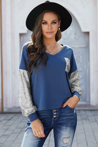 Blue V Neck Knit Top with Silver Sequins